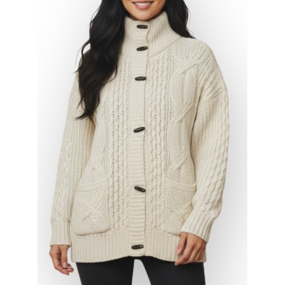 American Eagle Cable Fisherman‎ Knit Cardigan Sweater Womens Medium Ivory